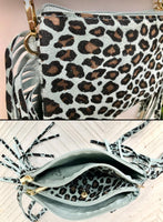 Cheetah print crossbody fringed bag.Small BOHO suede leather bag with FRINGES. Mint blue genuine suede leather.Animal print blue suede purse