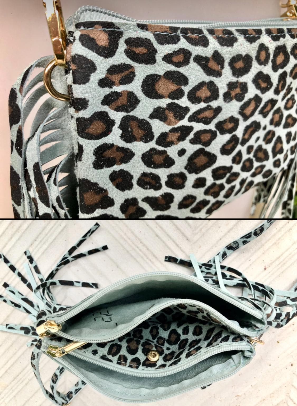 Cheetah print crossbody fringed bag.Small BOHO suede leather bag with FRINGES. Mint blue genuine suede leather.Animal print blue suede purse