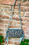 Cheetah print crossbody fringed bag.Small BOHO suede leather bag with FRINGES. Mint blue genuine suede leather.Animal print blue suede purse
