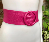 HOT PINK leather waist belt with large round buckle. Fuchsia leather belt. Genuine leather wide pink belt. PINK dress / overall belt.