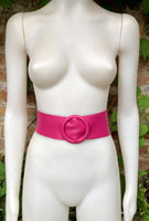 HOT PINK leather waist belt with large round buckle. Fuchsia leather belt. Genuine leather wide pink belt. PINK dress / overall belt.