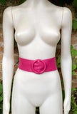 HOT PINK leather waist belt with large round buckle. Fuchsia leather belt. Genuine leather wide pink belt. PINK dress / overall belt.
