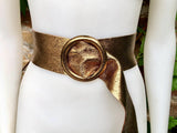 Dark GOLD metallic leather waist belt with large round buckle. Soft leather belt in gold. Boho glitter genuine leather belt. Gold waist belt