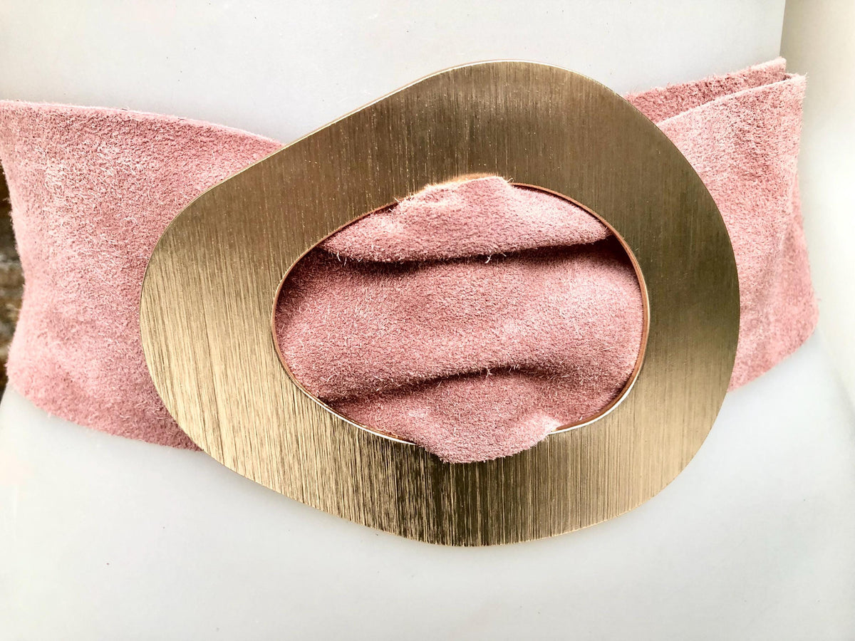 Light PINK leather waist belt with large gold metal buckle. Dusty pink soft genuine leather wide belt. Boho pink suede dress belt.