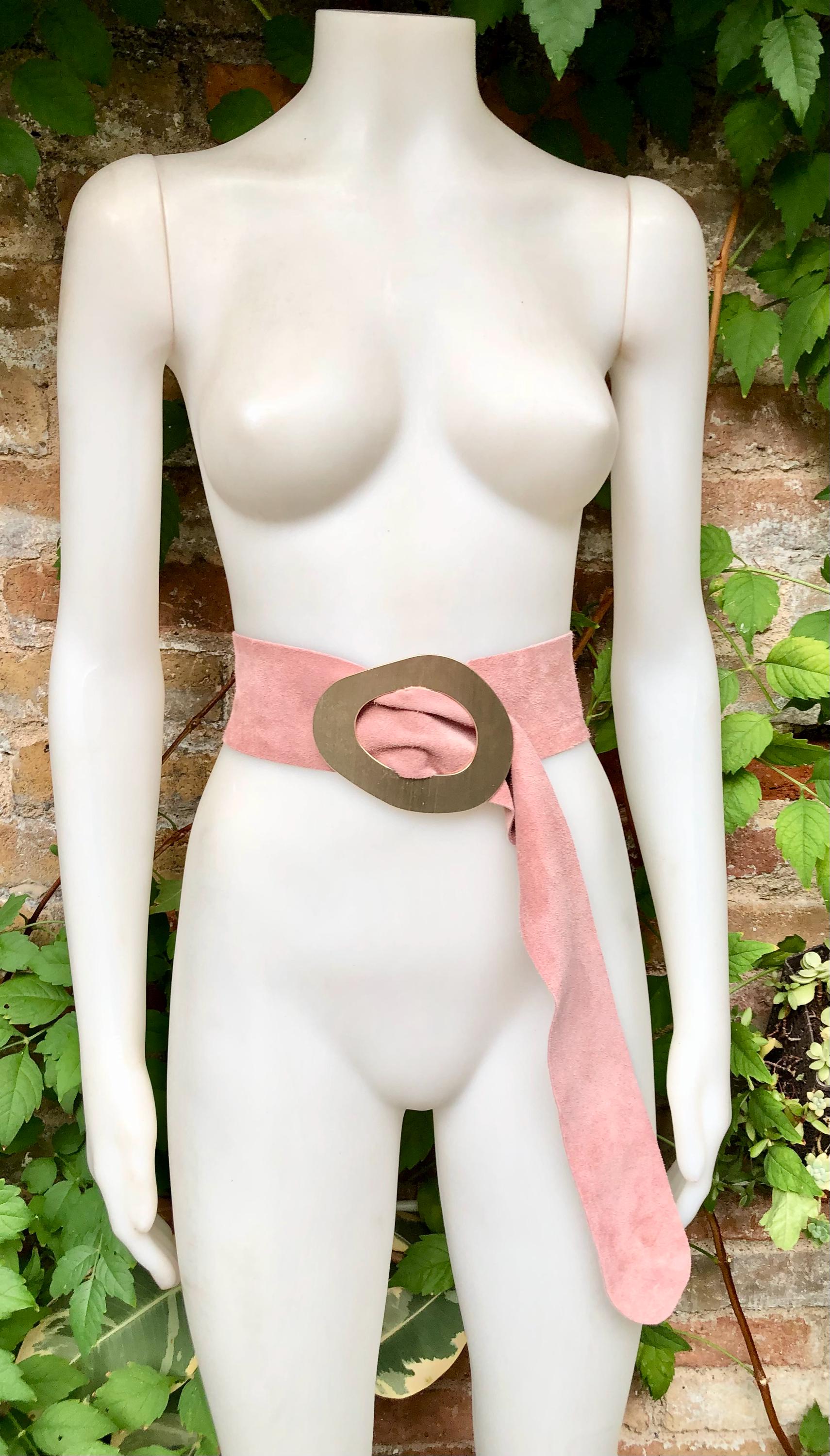 Light PINK leather waist belt with large gold metal buckle. Dusty pink soft genuine leather wide belt. Boho pink suede dress belt.