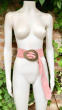 Light PINK leather waist belt with large gold metal buckle. Dusty pink soft genuine leather wide belt. Boho pink suede dress belt.