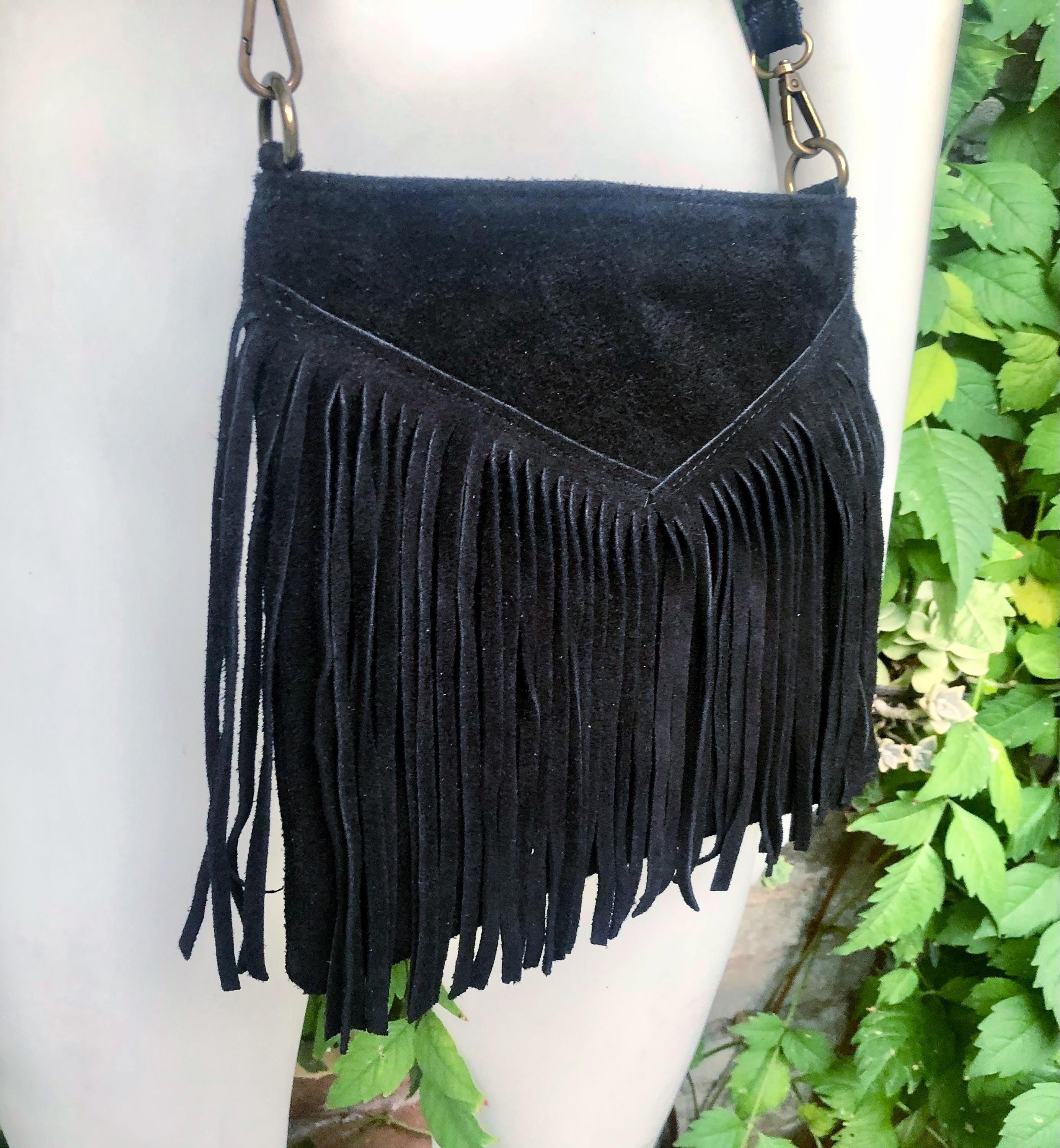 Cross body bag. BOHO suede leather bag in BLACK with FRINGES. Messenger bag in soft genuine suede leather.Black crossbody hippy bag