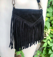Cross body bag. BOHO suede leather bag in BLACK with FRINGES. Messenger bag in soft genuine suede leather.Black crossbody hippy bag
