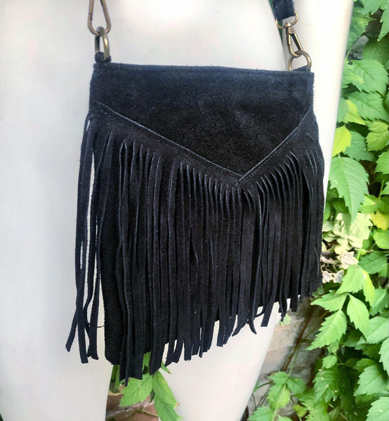 Cross body bag. BOHO suede leather bag in BLACK with FRINGES. Messenger bag in soft genuine suede leather.Black crossbody hippy bag