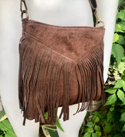 Cross body bag. BOHO suede leather bag in dark BROWN with FRINGES. Messenger bag in soft genuine suede leather. Crossbody hippy bag
