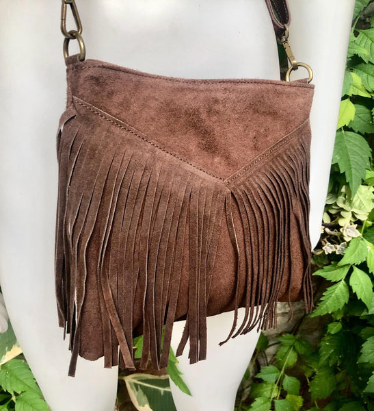 Cross body bag. BOHO suede leather bag in dark BROWN with FRINGES. Messenger bag in soft genuine suede leather. Crossbody hippy bag
