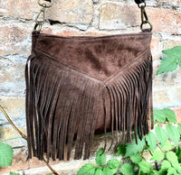 Cross body bag. BOHO suede leather bag in dark BROWN with FRINGES. Messenger bag in soft genuine suede leather. Crossbody hippy bag