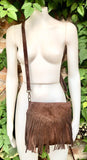 Cross body bag. BOHO suede leather bag in dark BROWN with FRINGES. Messenger bag in soft genuine suede leather. Crossbody hippy bag