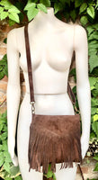 Cross body bag. BOHO suede leather bag in dark BROWN with FRINGES. Messenger bag in soft genuine suede leather. Crossbody hippy bag