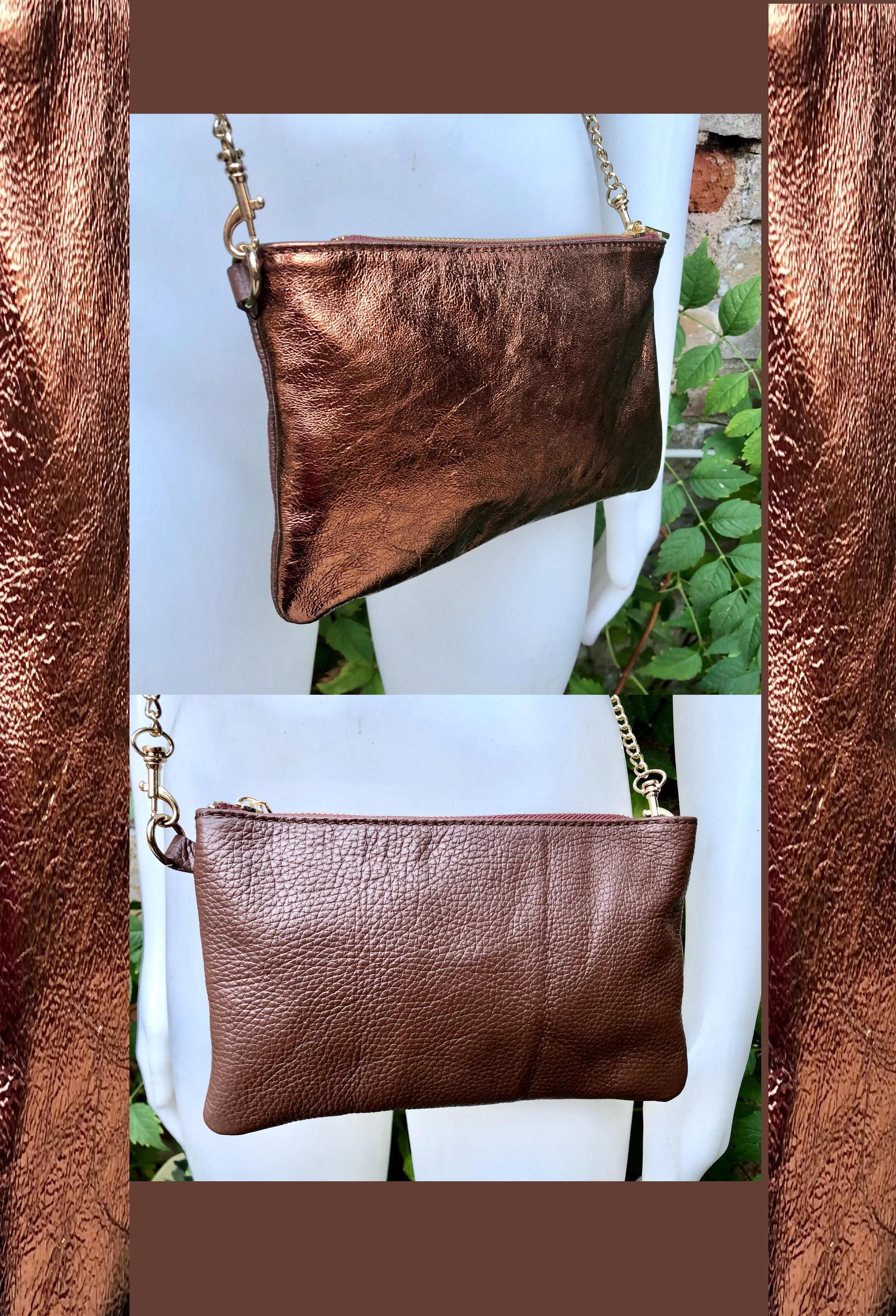 COPPER + brown small leather bag. GENUINE leather cross body, shoulder bag, wristlet . 2 sided leather bag + adjustable strap. Copper purse