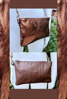 COPPER + brown small leather bag. GENUINE leather cross body, shoulder bag, wristlet . 2 sided leather bag + adjustable strap. Copper purse