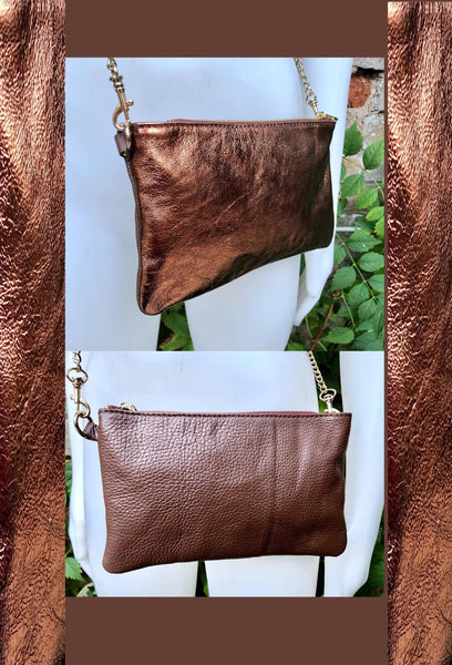 COPPER + brown small leather bag. GENUINE leather cross body, shoulder bag, wristlet . 2 sided leather bag + adjustable strap. Copper purse