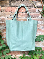 Sage GREEN tote leather bag. Genuine leather shopper. Large carry all bag for your laptop / books. Light green shoulder bag. Mint purse
