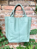 Sage GREEN tote leather bag. Genuine leather shopper. Large carry all bag for your laptop / books. Light green shoulder bag. Mint purse