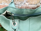 Sage GREEN tote leather bag. Genuine leather shopper. Large carry all bag for your laptop / books. Light green shoulder bag. Mint purse