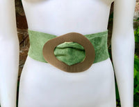 Moss green genuine suede leather waist belt with gold color large buckle. Boho soft green suede wide belt. Green wide dress /overall belt.