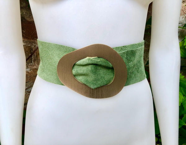 Moss green genuine suede leather waist belt with gold color large buckle. Boho soft green suede wide belt. Green wide dress /overall belt.