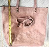 Dusty pink TOTE leather bag with removable crossbody strap. Soft natural genuine suede leather bag with lining. Pink laptop / tablet bag