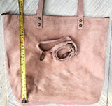 Dusty pink TOTE leather bag with removable crossbody strap. Soft natural genuine suede leather bag with lining. Pink laptop / tablet bag