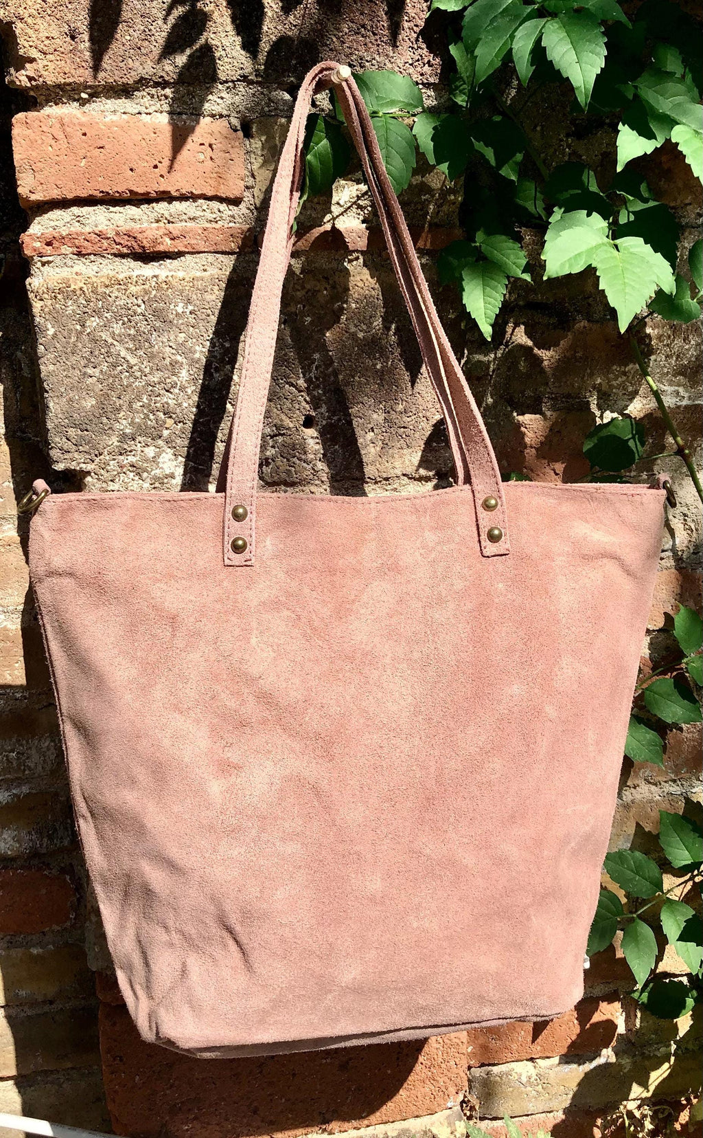 Dusty pink TOTE leather bag with removable crossbody strap. Soft natural genuine suede leather bag with lining. Pink laptop / tablet bag