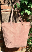 Dusty pink TOTE leather bag with removable crossbody strap. Soft natural genuine suede leather bag with lining. Pink laptop / tablet bag