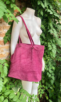 Raspberrry pink suede shopper bag. Slouchy genuine leather tote bag for your laptop, tablet, books. Pink suede purse / shoulder bag.