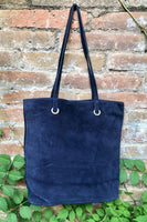 Navy blue suede shopper bag. Slouchy genuine leather tote bag for your laptop, tablet, books. Dark blue suede purse / shoulder bag.