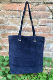 Navy blue suede shopper bag. Slouchy genuine leather tote bag for your laptop, tablet, books. Dark blue suede purse / shoulder bag.