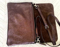 Small leather bag in dark metallic brown. Brown crossbody / bag in GENUINE leather. Dark glitter brown bag with adjustable strap and zipper