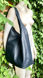 Navy slouch bag. Tote leather bag in dark blue with ZIPPER. Soft genuine leather. Green leather purse. Wide strap leather shoulder bag.