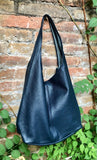 Navy slouch bag. Tote leather bag in dark blue with ZIPPER. Soft genuine leather. Green leather purse. Wide strap leather shoulder bag.