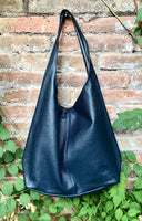 Navy slouch bag. Tote leather bag in dark blue with ZIPPER. Soft genuine leather. Green leather purse. Wide strap leather shoulder bag.