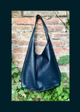 Navy slouch bag. Tote leather bag in dark blue with ZIPPER. Soft genuine leather. Green leather purse. Wide strap leather shoulder bag.