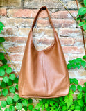 Camel brown slouch bag. Tote leather bag in tobacco with ZIPPER. Soft genuine leather. Brown leather purse. Wide strap leather shoulder bag