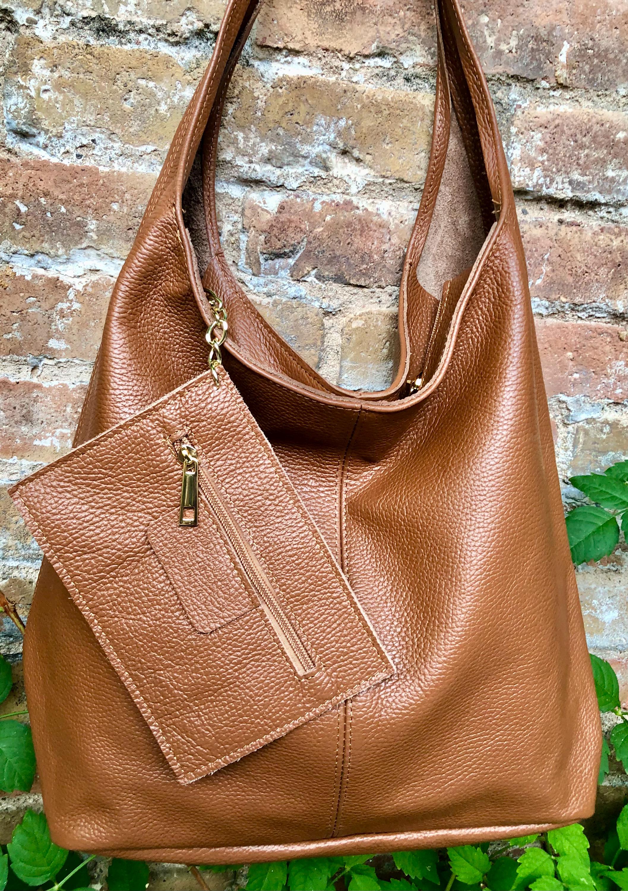 Camel brown slouch bag. Tote leather bag in tobacco with ZIPPER. Soft genuine leather. Brown leather purse. Wide strap leather shoulder bag