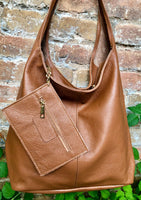 Camel brown slouch bag. Tote leather bag in tobacco with ZIPPER. Soft genuine leather. Brown leather purse. Wide strap leather shoulder bag