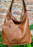 Camel brown slouch bag. Tote leather bag in tobacco with ZIPPER. Soft genuine leather. Brown leather purse. Wide strap leather shoulder bag
