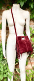 Burgundy crossbody fringed bag. BOHO suede leather bag with FRINGES. Wine red genuine suede leather. Dark red suede purse.
