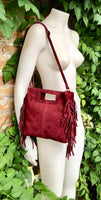 Burgundy crossbody fringed bag. BOHO suede leather bag with FRINGES. Wine red genuine suede leather. Dark red suede purse.