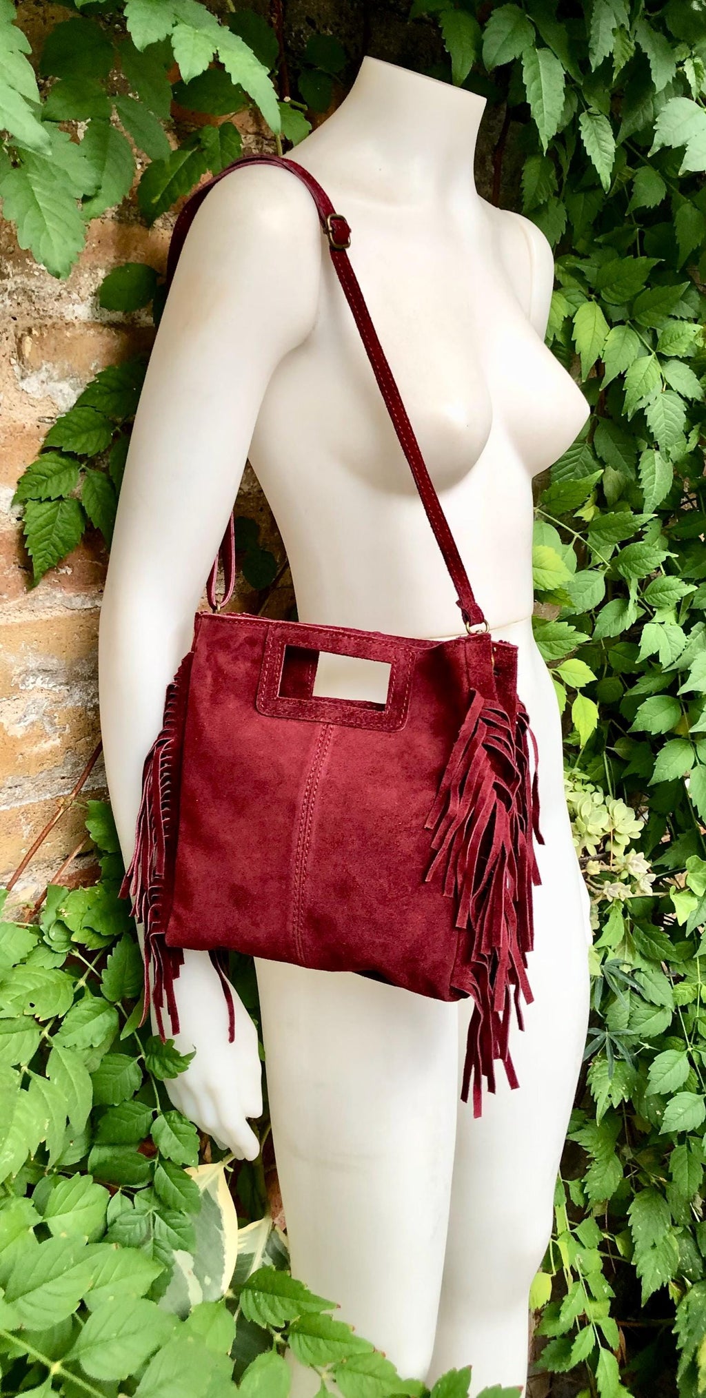 Burgundy crossbody fringed bag. BOHO suede leather bag with FRINGES. Wine red genuine suede leather. Dark red suede purse.