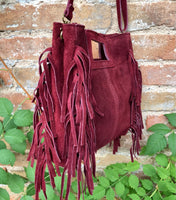 Burgundy crossbody fringed bag. BOHO suede leather bag with FRINGES. Wine red genuine suede leather. Dark red suede purse.