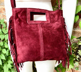 Burgundy crossbody fringed bag. BOHO suede leather bag with FRINGES. Wine red genuine suede leather. Dark red suede purse.