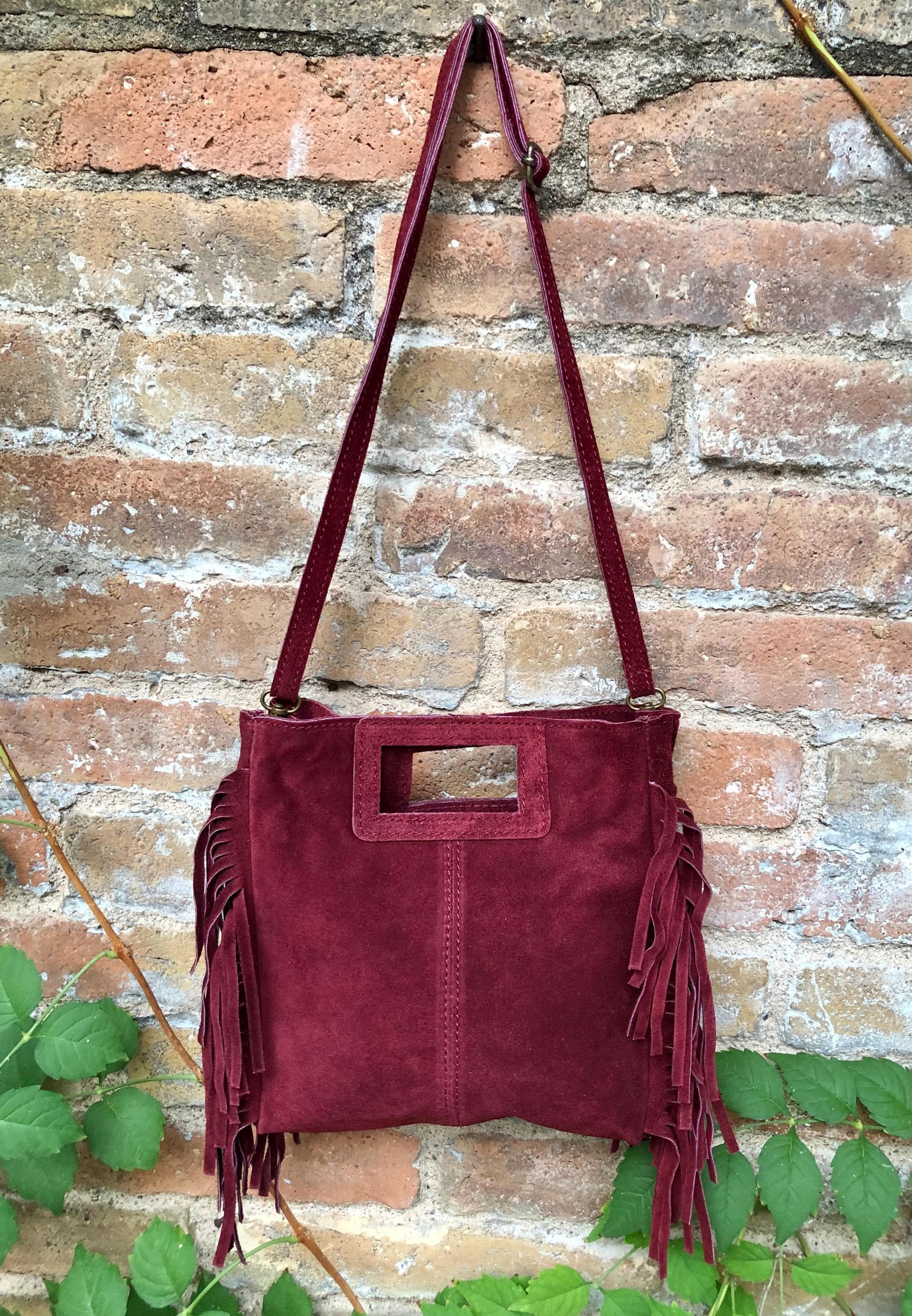 Burgundy crossbody fringed bag. BOHO suede leather bag with FRINGES. Wine red genuine suede leather. Dark red suede purse.