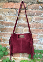 Burgundy crossbody fringed bag. BOHO suede leather bag with FRINGES. Wine red genuine suede leather. Dark red suede purse.