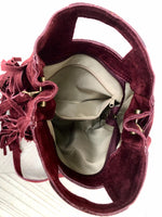 Burgundy crossbody fringed bag. BOHO suede leather bag with FRINGES. Wine red genuine suede leather. Dark red suede purse.